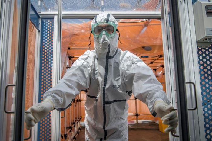 A medic at the Mohammmed V military hospital, wearing a protective outfit, is pictured during the novel coronavirus pandemic crisis, in the Moroccan capital Rabat