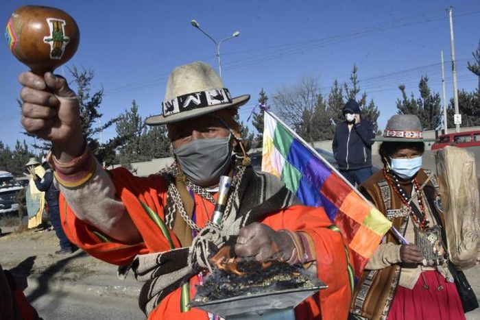 Bolivian peasants and indigenous people, supporters of former Bolivian president Evo Morales, take part in a protest against a second postponement of the general election due to the COVID-19 pandemic, in El Alto, Bolivia on July 28, 2020 
Bolivia postp...