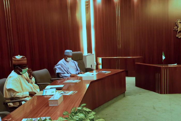 President Muhammadu Buhari meets with Chairman of the Progressive Governors’ Forum and Kebbi State Governor, Atiku Bagudu accompanied by Plateau State Governor, Simon Lalong and Jigawa State Governor, Muhammad Badaru Abubakar at the State House, Abuja....