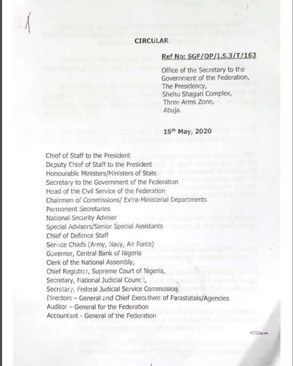 SGF circular to ministers on disciplinary guidelines