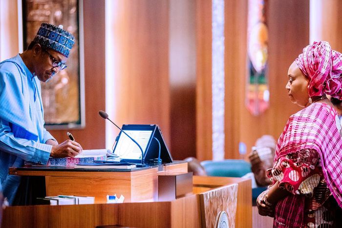 President Muhammadu Buhari swears-in Folasade Yemi-Esan as new Head of Civil Service. [Twitter/@BashirAhmaad]