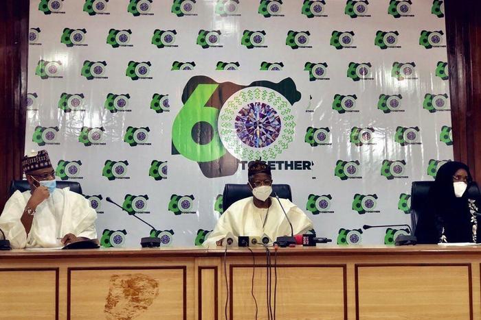 Ministers of Communications and Digital Economy, Isa Pantami, Information and Culture, Lai Mohammed, Humanitarian Affairs, Sadiya Farouq at a media briefing to announce activities lined-up for Nigeria@60 celebrations. [Twitter/@FMICNigeria]