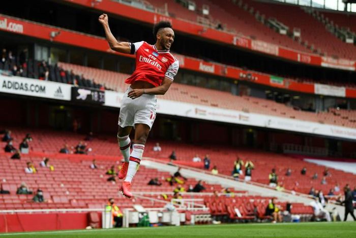 Arsenal striker Pierre-Emerick Aubameyang celebrates after scoring against Norwich