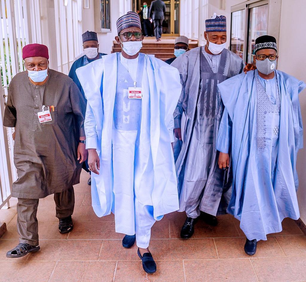 North East governors at the Aso Villa to meet President Muhammadu Buhari. [Twitter/@BashirAhmaad]
