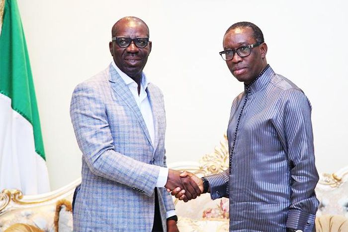 Governor Ifeanyi Okowa of Delta State congratulates Governor Godwin Obaseki on his re-election (Source Magazine)