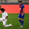 Real Madrid's Brazilian defender Marcelo knelt on the field to celebrate his goal against Eibar on Sunday.