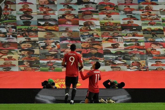 Manchester United's Mason Greenwood (right) celebrates his goal against Leipzig at Old Trafford