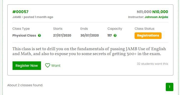Classes.ng — A search and registration engine for your exams and learning (JAMB, TOEFL, GMAT, GRE, JUPEB, IJMB, IELTS and SATs)