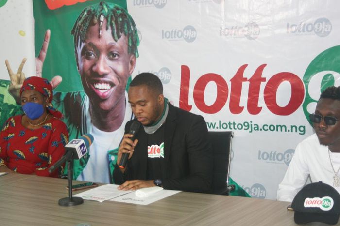 From left: Deputy Director, National Lottery Regulatory Commission (NLRC), Lagos, Mrs Priscilla Onuzulu; Afro hip hop artiste and Lotto9ja's Brand Ambassador, Omoniyi Temidayo Zlatan and General Manager, Lotto9ja Limited,  Mitchel Okorie...during the o...