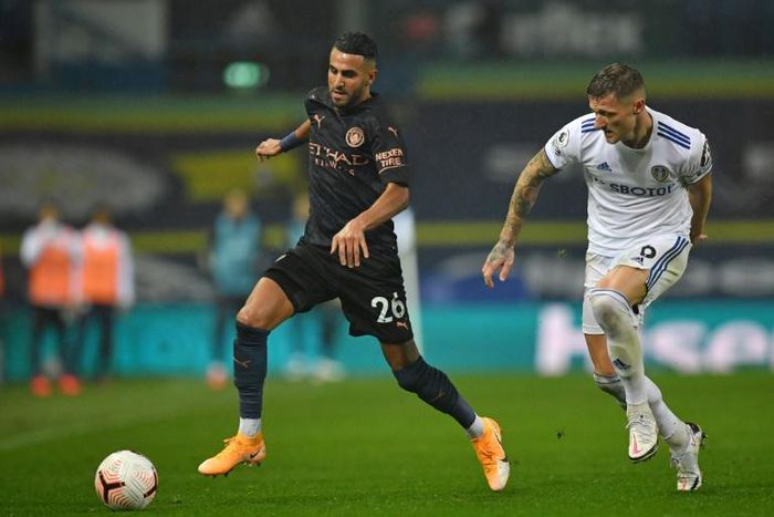 Algeria captain Riyad Mahrez (L) playing for Manchester City against Leeds United this month in the English Premier League.