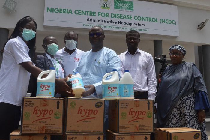L-R: Sales Manager, Multipro Consumer Product Limited, Central Region Abuja, Miss. Acquaye Matilda; Marketing Manager MCPL, Mr. Muhammed Abubakar; Sales Manager MCPL, Mr. Enu Jubril , Incident Manager Covid 19 NCDC, Dr. John Oladejo; Assistant Director...