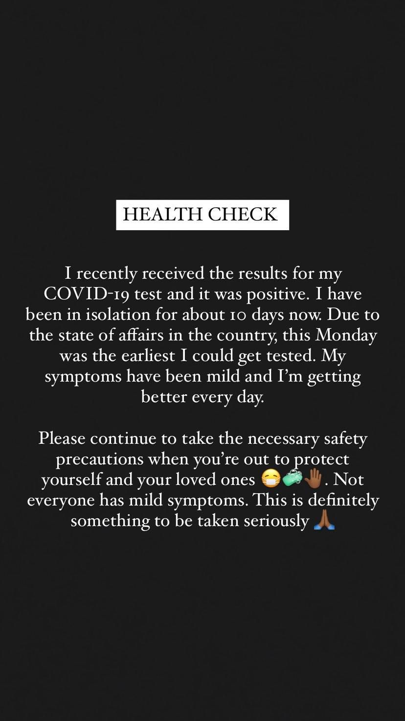 The rapper says his symptoms are mild and he is gradually getting better. [Instagram/LadiPoe]