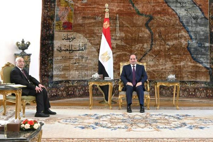 Egyptian President Abdel Fattah al-Sisi with Libyan strongman Khalifa Haftar (R) and parliament speaker Aguila Saleh in the capital Cairo at the weekend