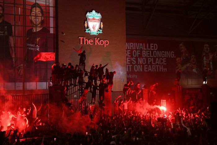 Thousands of Liverpool fans celebrated the Premier League title outside Anfield
