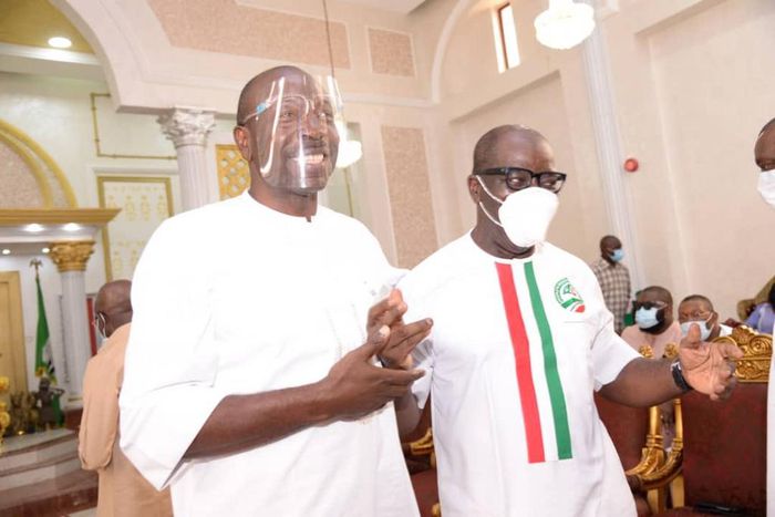 Edo state Governor, Godwin Obaseki and APC governorship candidate in Edo state, Osagie Ize-Iyamu. [Twitter/@PastorIzeIyamu]