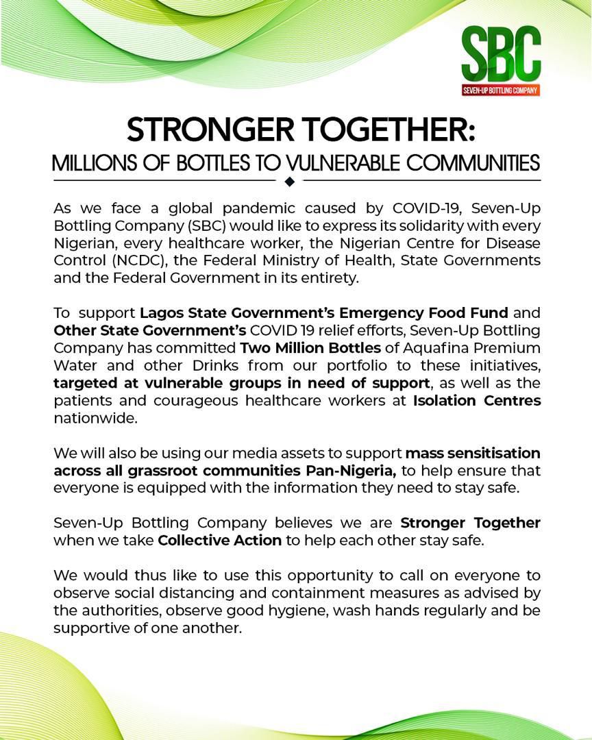 Seven-Up Bottling Company makes massive donation of 2 million bottles of drinks to Nigerians in vulnerable communities