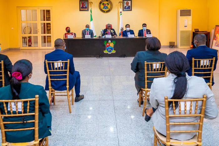 Governor Babajide Sanwo-Olu  inaugurates an 8-man Judicial Panel of Inquiry and Restitution which will receive and investigate complaints of police brutality in Lagos. [Twitter/@jidesanwoolu]