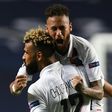 Eric Choupo-Moting celebrates with Neymar after scoring Paris Saint-Germain's winner against Atalanta in their Champions League quarter-final in Lisbon