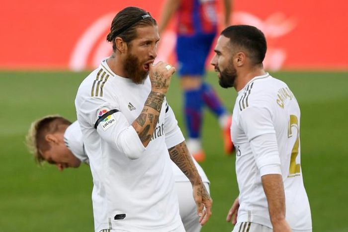 Sergio Ramos celebrates with Dani Carvajal after scoring in Real Madrid's 3-1 win over Eibar that kept them on the tails of La Liga leaders Barcelona