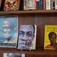 Books by author Kwame Nkrumah are displayed on a shelf in the Library of Africa and the African Diaspora (LOATAD) in Accra