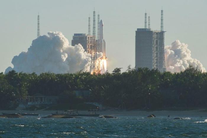 This photo taken on May 5 shows a Long March 5B rocket lifting off from the Wenchang launch site on China's southern Hainan island