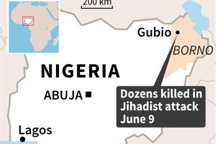 Map of Nigeria locating the northeastern Borno state where a jihadist attack on Tuesday left dozens dead.
