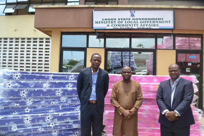 From Left: Chief Operating Officer, Mouka, Femi Fapohunda; with the Permanent Secretary, Ministry of Local Government and Community Affairs, Dr. Taiwo Olufemi Salaam; and Chief Commercial Officer, Mouka, Dimeji Osingunwa; during the donation of 500 mat...