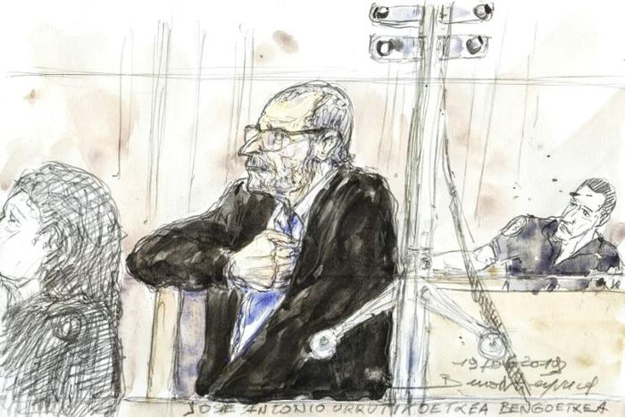 In this courtroom sketch created on June 19, 2019, former ETA Basque separatist leader Josu Ternera, who was arrested in France in May 2019 after 16 years on the run, looks on during his trial in Paris