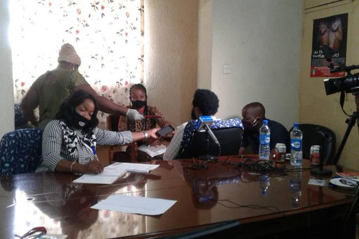 The NAPTIP Lagos Zonal Commander, Mr Daniel Atokolo, at the parade of the suspect in Lagos. [Twitter/@naptipnigeria]