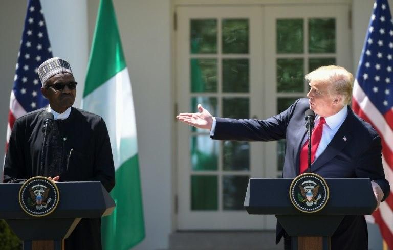 US President Donald Trump and Nigerian President Muhammadu Buhari hold a joint press conference in the Rose Garden of the White House on April 30, 2018