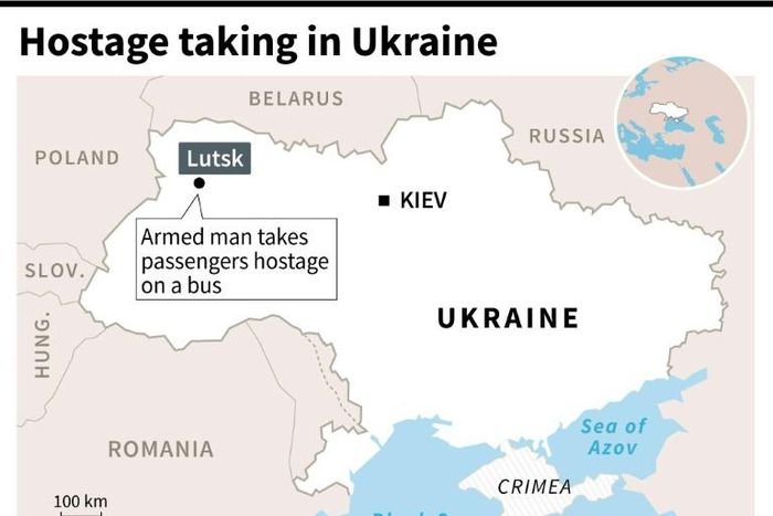 Map locating Lutsk, in Ukraine, where an armed man has taken passengers hostage on a bus.