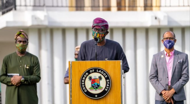 From left: Deputy Governor, Obafemi Hamzat, Governor Babajide Sanwo-Olu and Lagos State Commissioner for Health, Prof Akin Abayomi during the state's daily update on coronavirus. (LASG)