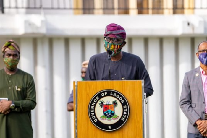 From left: Deputy Governor, Obafemi Hamzat, Governor Babajide Sanwo-Olu and Lagos State Commissioner for Health, Prof Akin Abayomi during the state's daily update on coronavirus. (LASG)