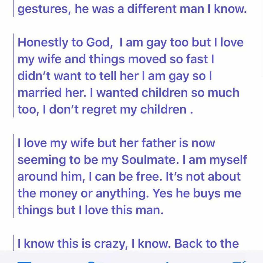 I’ve been sleeping with my wife’s father since December last year; I love this man – Man confesses