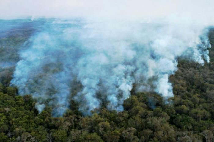 Aerial view showing large scale forest fires in Pocone, Pantanal region (the largest tropical wetlands in the world), Mato Grosso State, Brazil on Ausgust 1, 2020