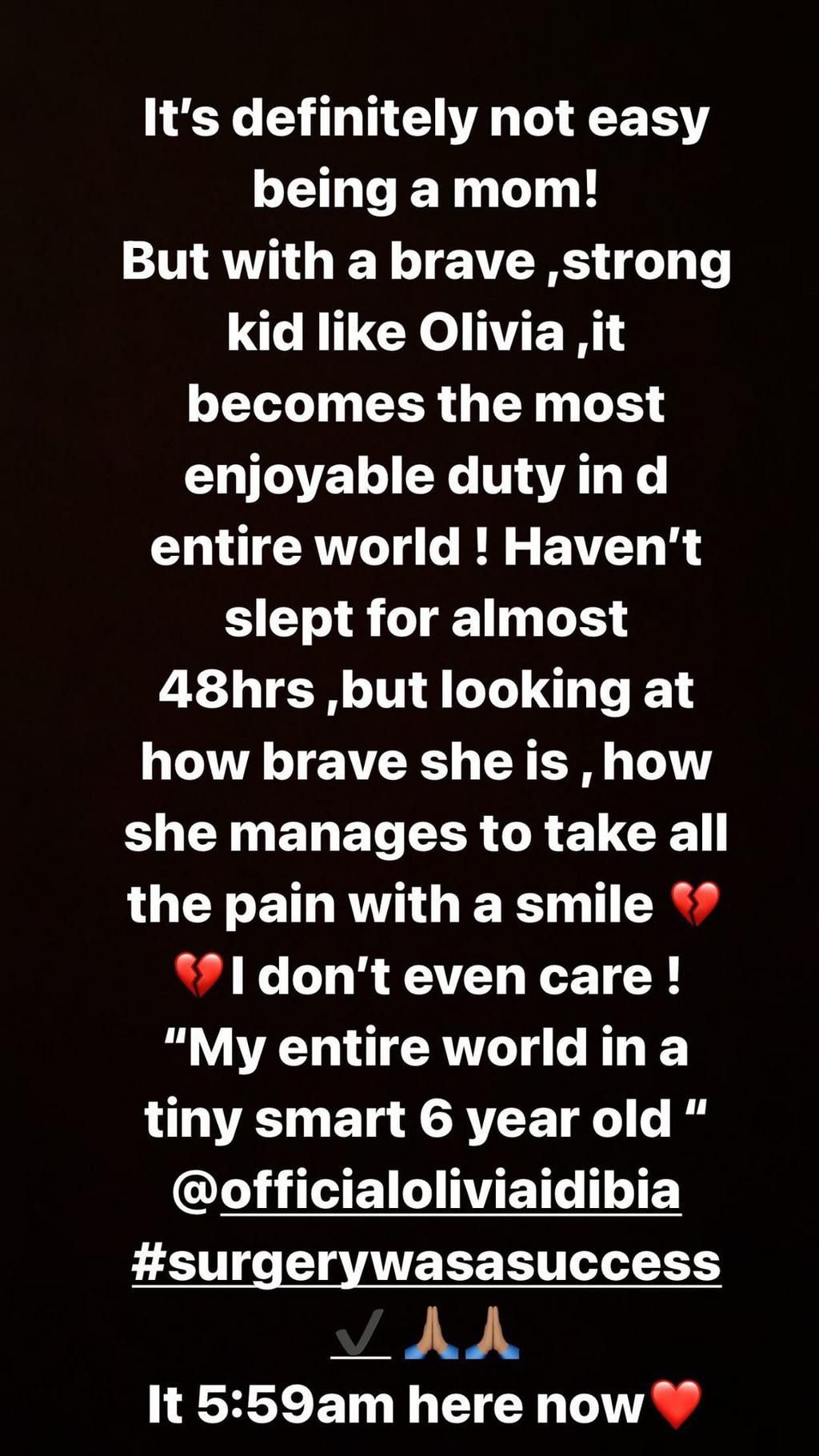 Annie Idibia talks about her daughter, Olivia's successful surgery [Instagram/AnnieIdibia]