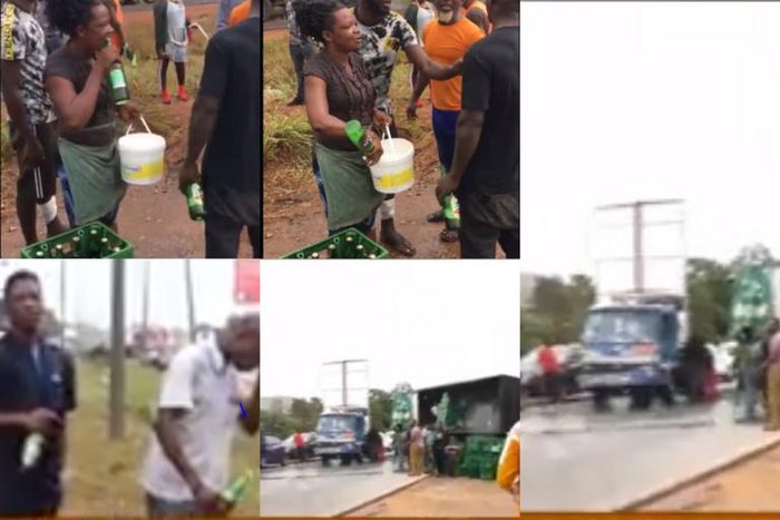 Beer lovers drink early morning at motorway accident scene