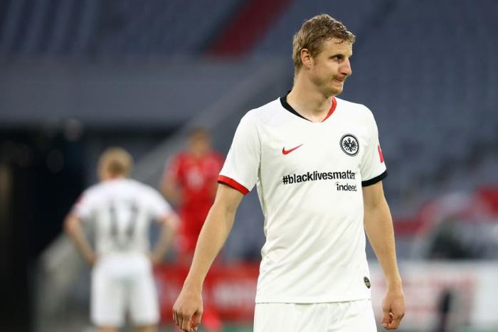 Eintracht Frankfurt defender Martin Hinteregger wears a shirt referencing the Black Lives Matter movement prior to the German Cup semi-final against Bayern Munich
