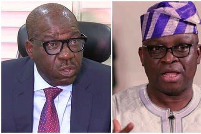 Former Governor of Ekiti, Ayodele Fayose (Right) advises Governor Godwin Obaseki of Edo State (Left) not to return to the APC (Punch)