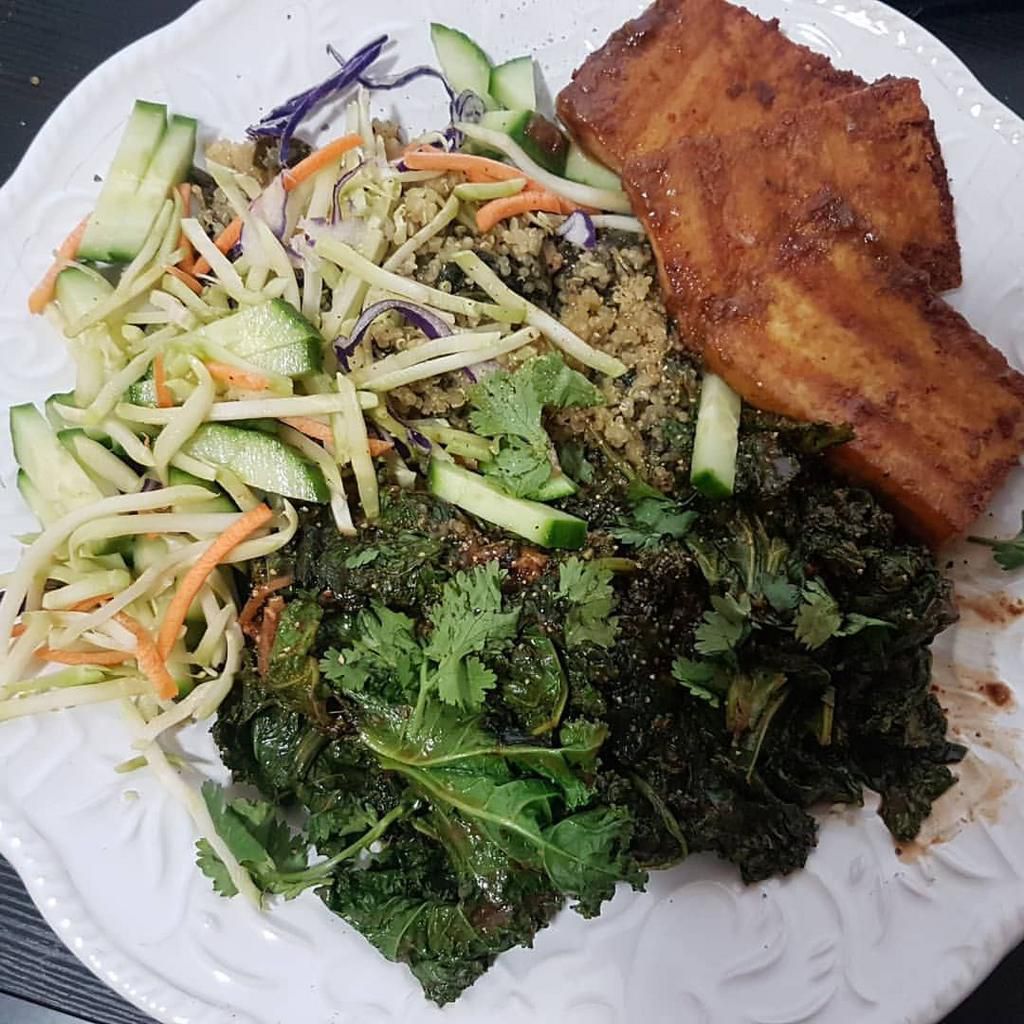 I am obsessed with getting as many greens as possible. Sauted kale and spinach is an easy way to get a ton in! I used peanut butter and Braggs Liquid Aminos to make them less boring.