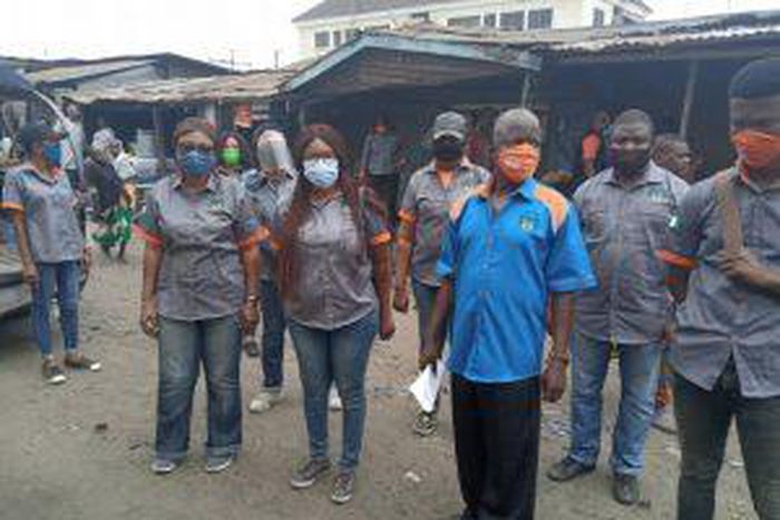The National Emergency Management Agency (NEMA) Team led by Alhaji Ibrahim Farinloye (3rd right), the Acting Coordinator, Lagos Territorial Office, at the flag-off of the Door to Door 2020 Flood Awareness and Sensitisation Campaign on Prevention, Manag...