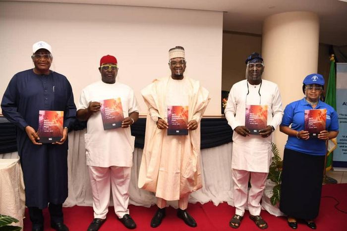 L-R: Executive Vice Chairman, Nigerian Communications Commission (NCC), Prof. Umar Danbatta; Member, Senate Committee on Communications, Senator Obinna Ogba; Minister of Communications and Digital Economy, Dr. Isa Ali Ibrahim Pantami; Chairman, Board o...