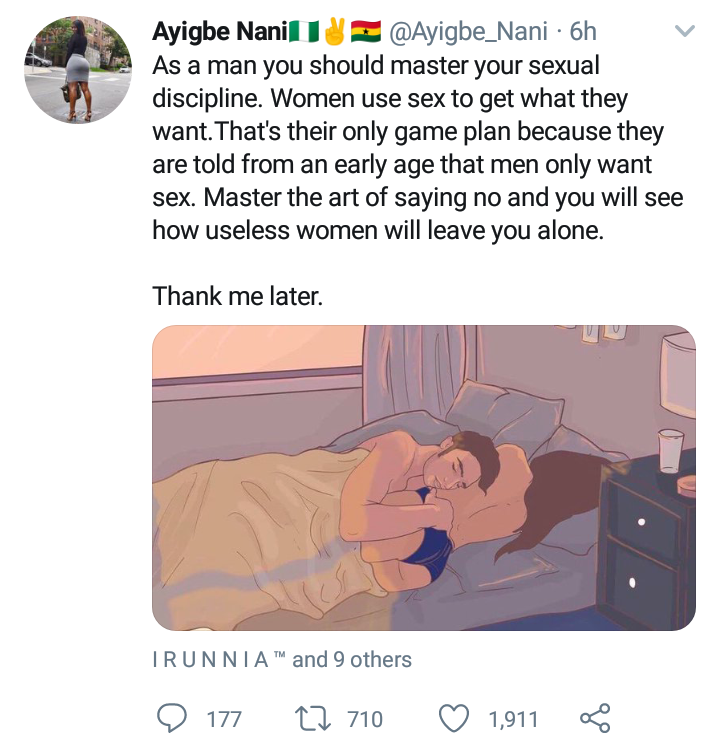 "Master the art of saying NO to sex; useless women will leave” - Pretty lady advises men