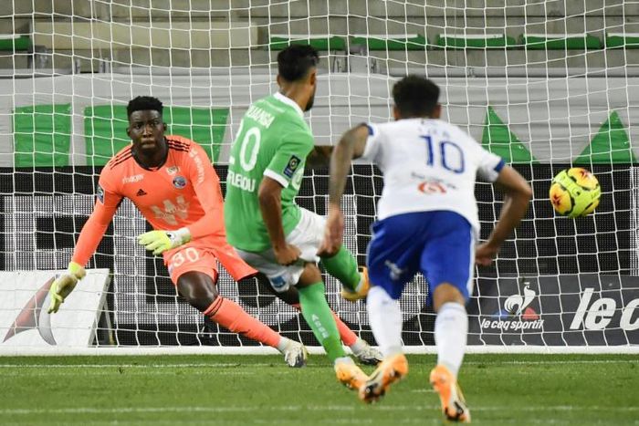 Denis Bouanga (C) scores from the spot in Saint-Etienne's 2-0 win over Strasbourg