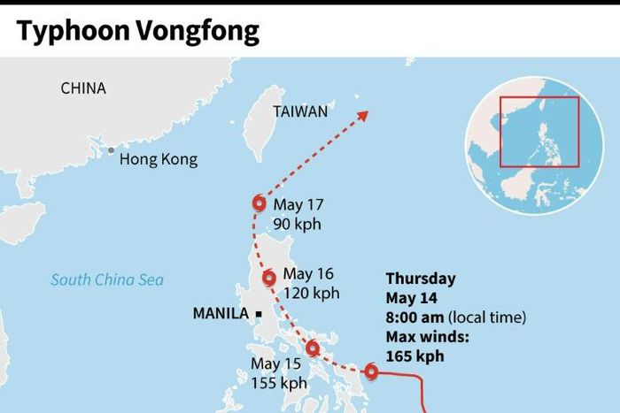Map showing the path of Typhoon Vongfong appoaching the coast of the Philippines on Thursday.