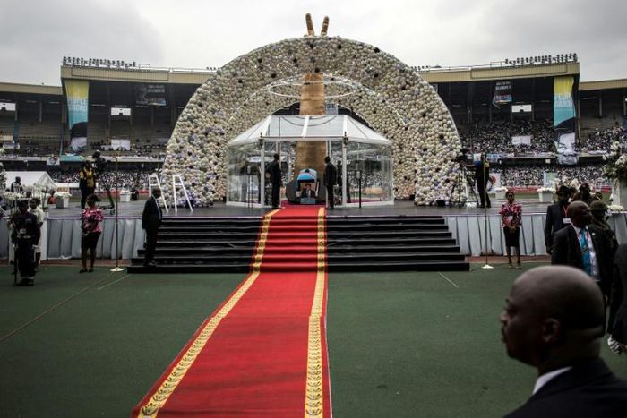 Funerals are no small affair in DR Congo. Pictured: The coffin of former premier and opposition leader Etienne Tshisekedi, the father of President Felix Tshisekedi, at ceremonies last May