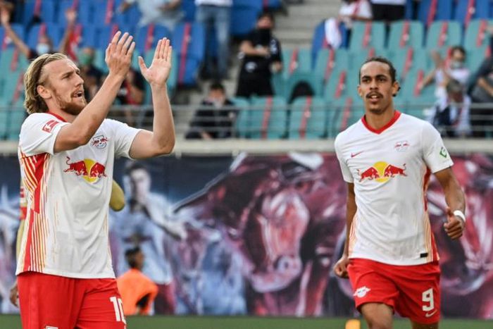 Emil Forsberg (left) and Yussuf Poulsen both scored in RB Leipzig's opening day win over Mainz