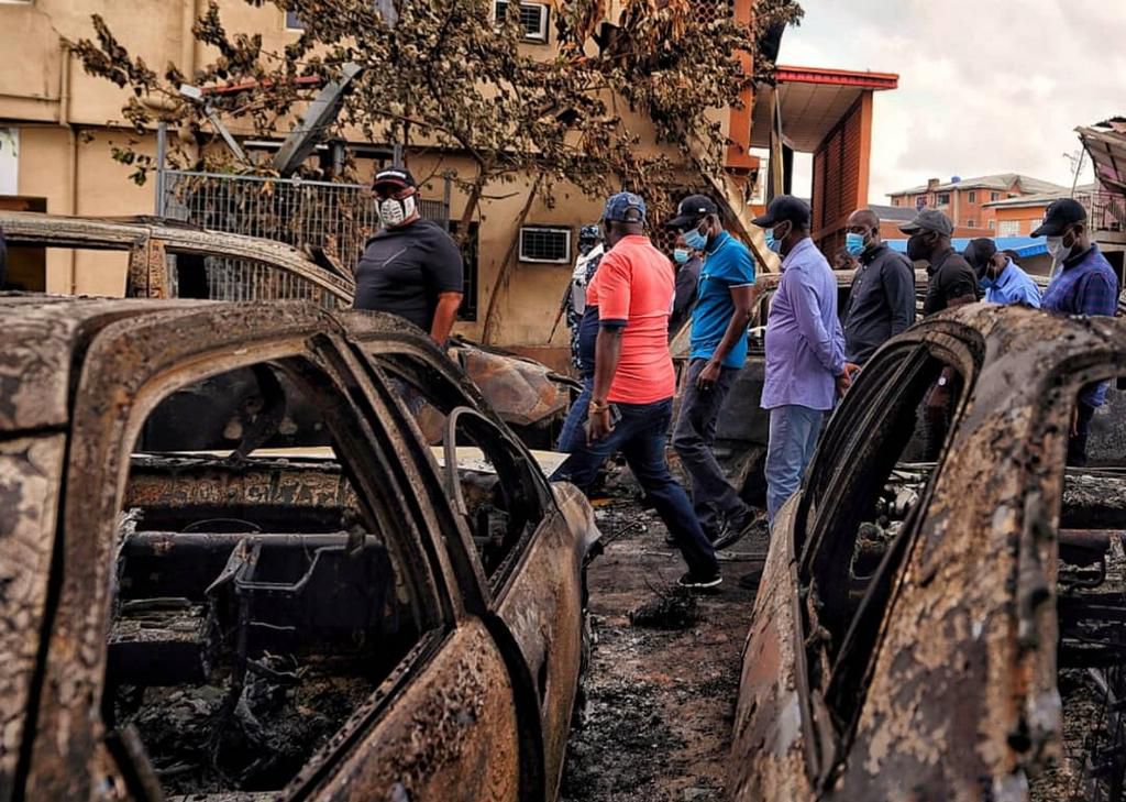 Lagos State Governor, Babajide Sanwo-Olu inspects some of the facilities burnt by thugs. [Twitter/@followlasg]