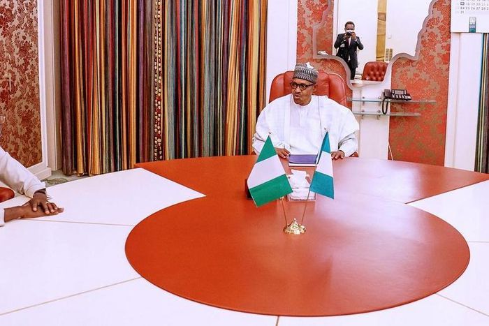 President Muhammadu Buhari receives the immediate past chairman of the All Progressives Congress (APC), Comrade Adams Oshiomhole at the Aso Rock Villa. [Twitter/@NigeriaGov]