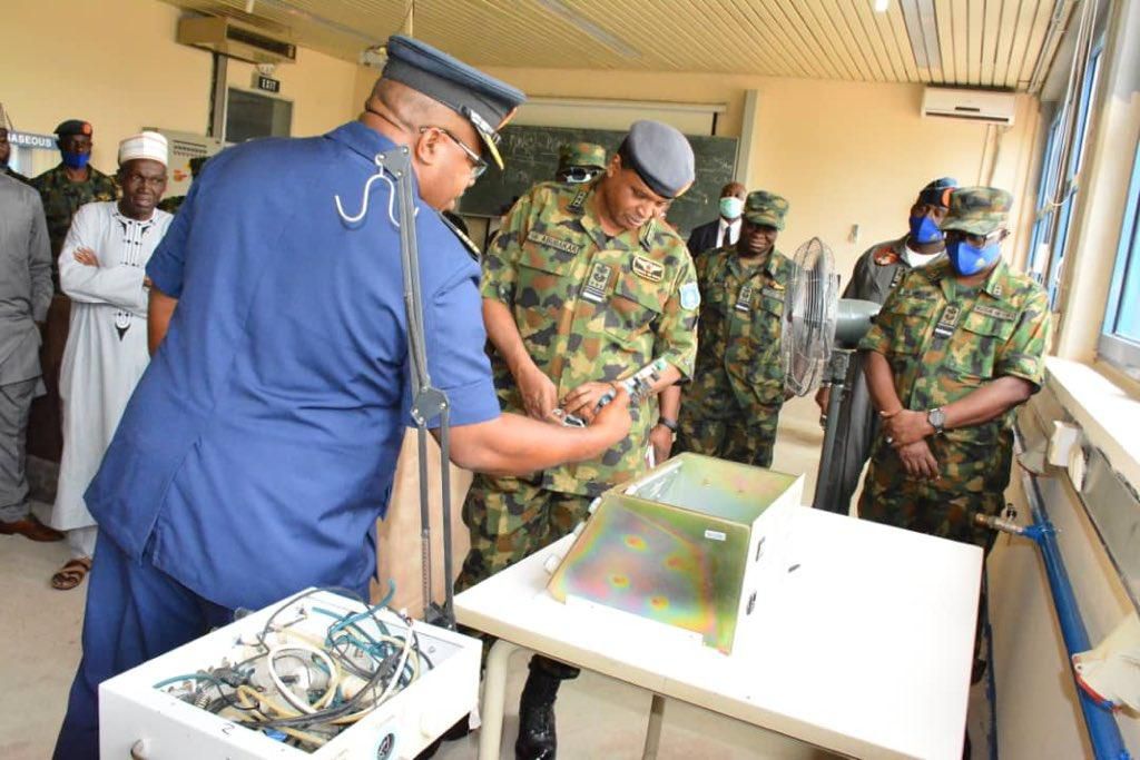 Chief of Air Staff, Air Marshal Abubakar Sadique inspecting the ventilators made by some of his officers. [Twitter/@CAS_AMSadique]